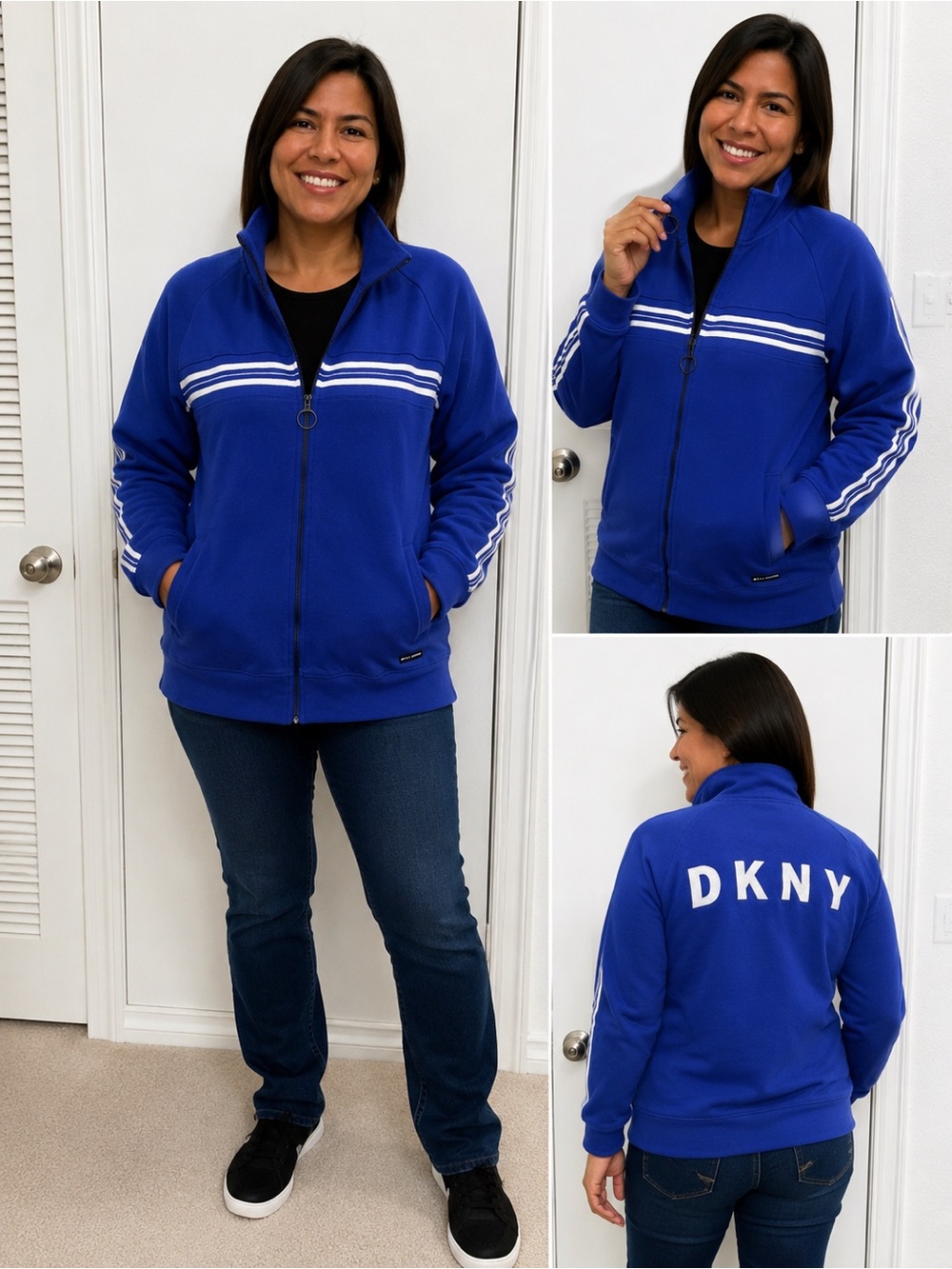 DKNY Sport Womens Blue/White Full Zip Logo Sweatshirt Jacket Long Sleeve L